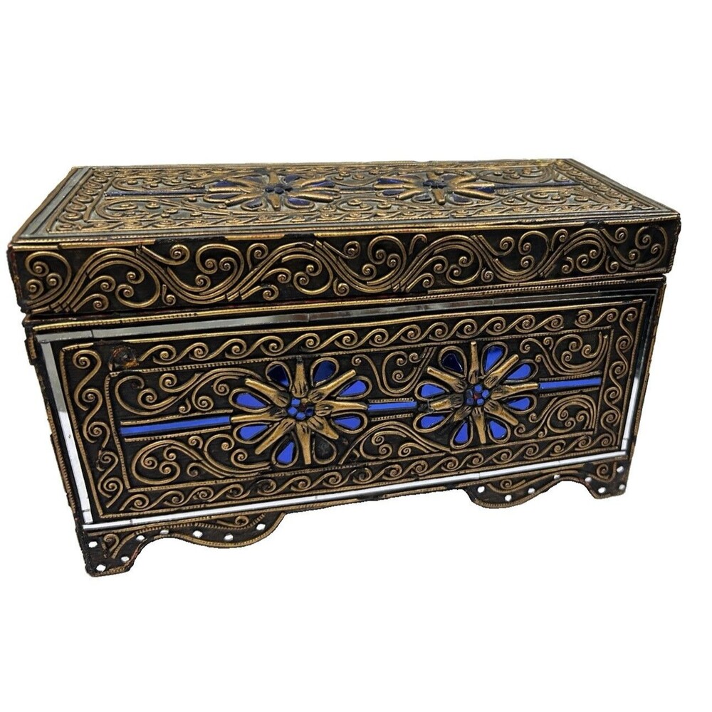 Vintage Ornate Resin Jewelry Box Blue Mirror Mosaic Gold Tone Footed 14”